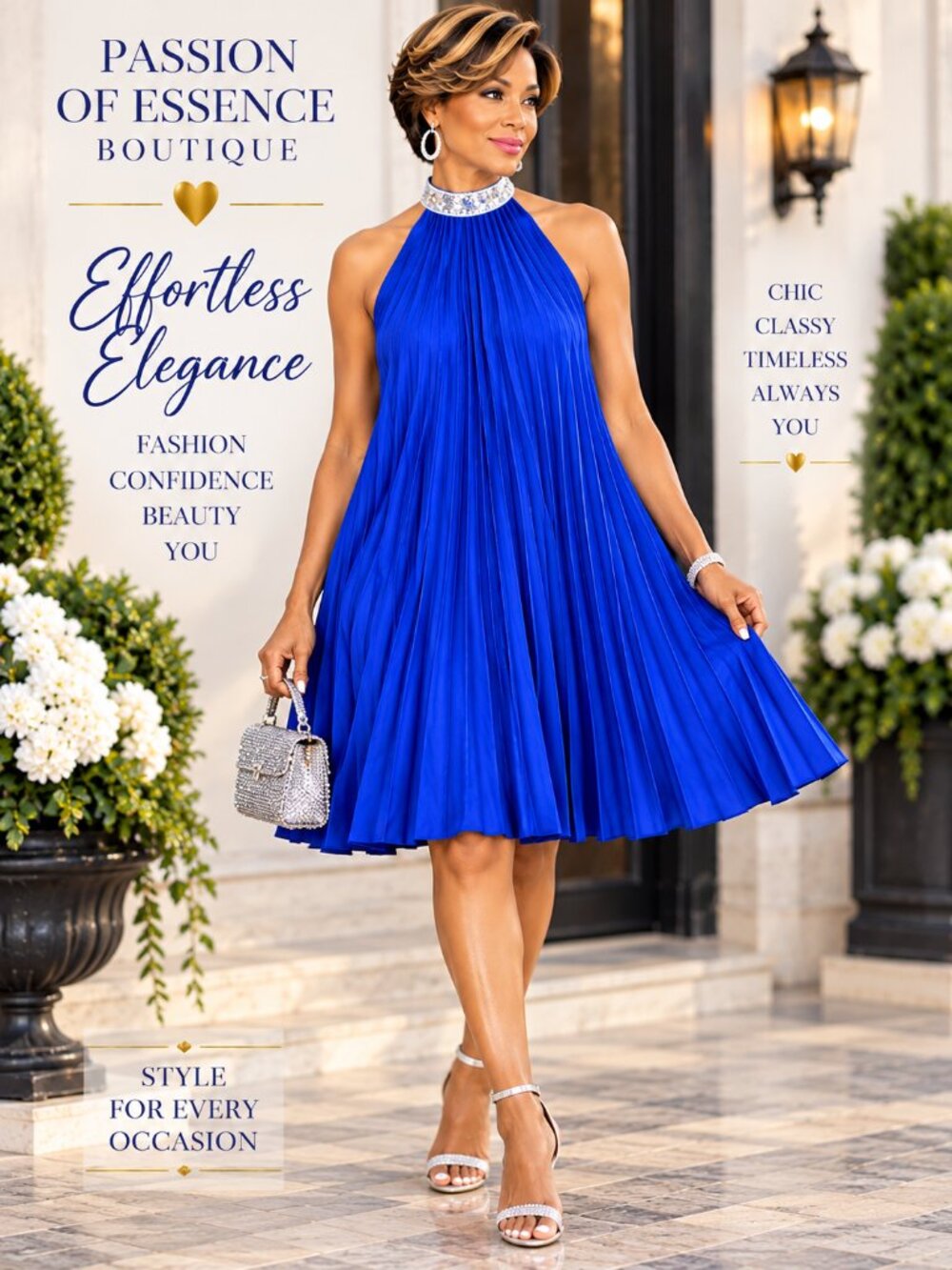 Royal Blue Pleated Halter Swing Dress Rhinestone Neck Size L 8-10